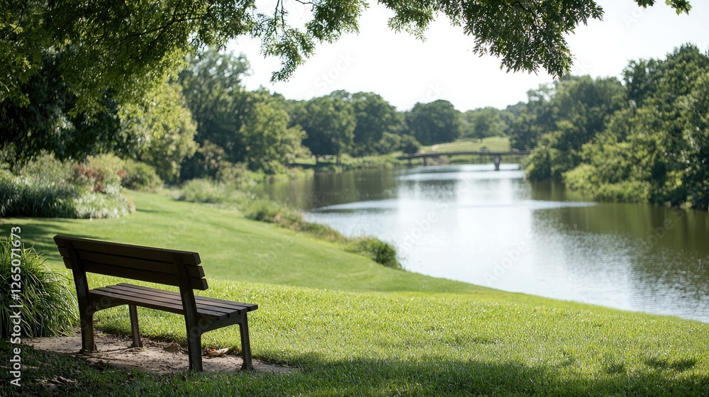 Fototapeta premium Park Bench by River Under Trees