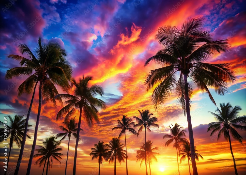 Palm Trees Silhouetted Against a Vibrant Sunset Sky - Double Exposure Stock Photo Palm Trees Silhouetted Against a Vibrant Sunset Sky - Double Exposure Stock Photo