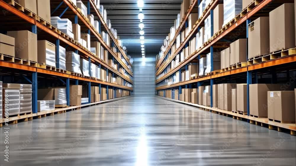 A spacious warehouse aisle with neatly stacked boxes on shelves, illuminated by overhead lights. A spacious warehouse aisle with neatly stacked boxes on shelves, illuminated by overhead lights.
