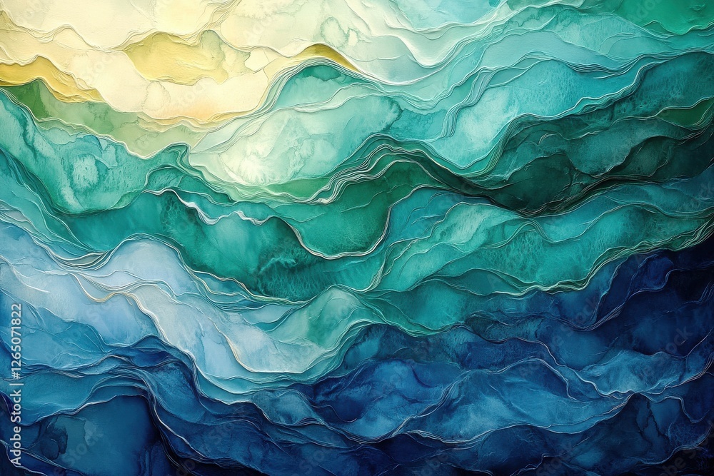 Obraz premium Abstract Ocean Waves in Fluid Art Style with Teal, Blue, Green, and Yellow Tones