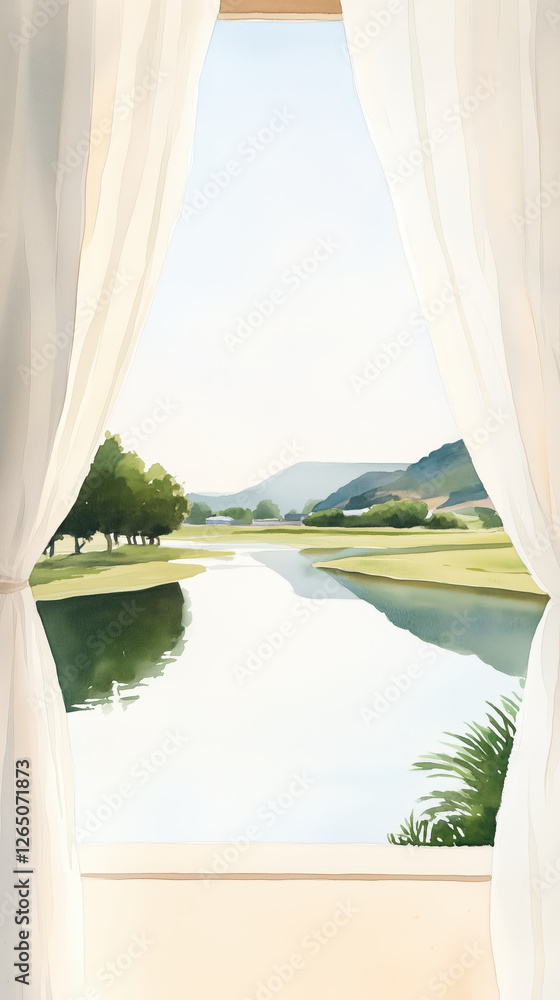 Fototapeta premium serene view of lake through window with soft colors
