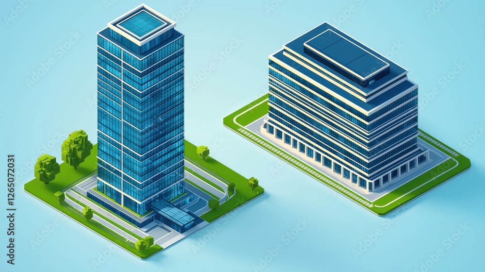 Isometric View of Modern Office Buildings Cityscape Low Poly Urban Architecture Skyscrapers Green Isometric View of Modern Office Buildings Cityscape Low Poly Urban Architecture Skyscrapers Green