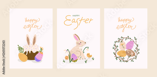 Cute Easter card set. Trendy greeting cards with traditional pastry, kulich, bunny, chick, DIY dyed eggs, wreath. Pastel and elegant vector illustration with hand drawn calligraphy