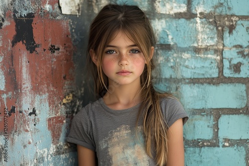 Young girl poses thoughtfully against a weathered blue brick wall in urban environment photo