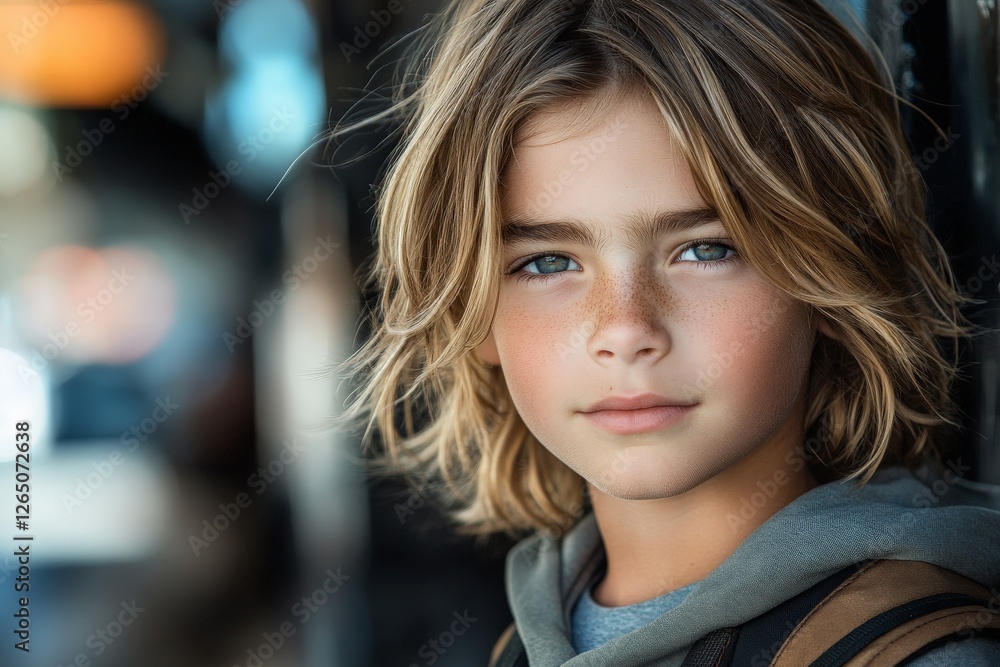 Young boy with flowing hair and captivating blue eyes poses confidently indoors Young boy with flowing hair and captivating blue eyes poses confidently indoors