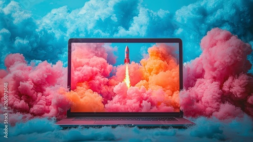 In this fantastical illustration, a rocket launches from a laptop depicted in bright, colorful clouds, symbolizing the limitless possibilities of technology and creativity.
