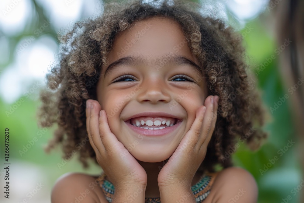 Happy child enjoys nature with a bright smile during a sunny day in a lush environment