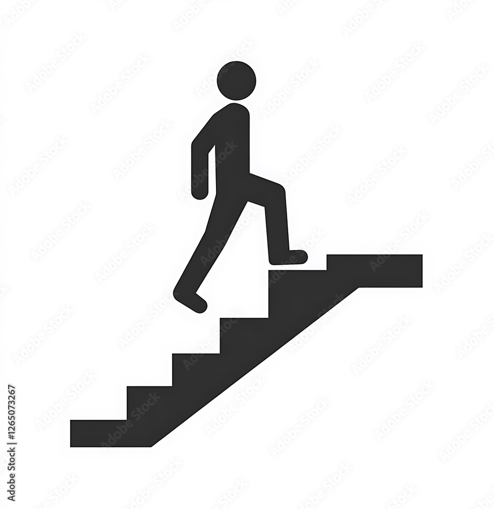 Simple icon, black on white background, stick figure walking up stairs. Simple icon, black on white background, stick figure walking up stairs.