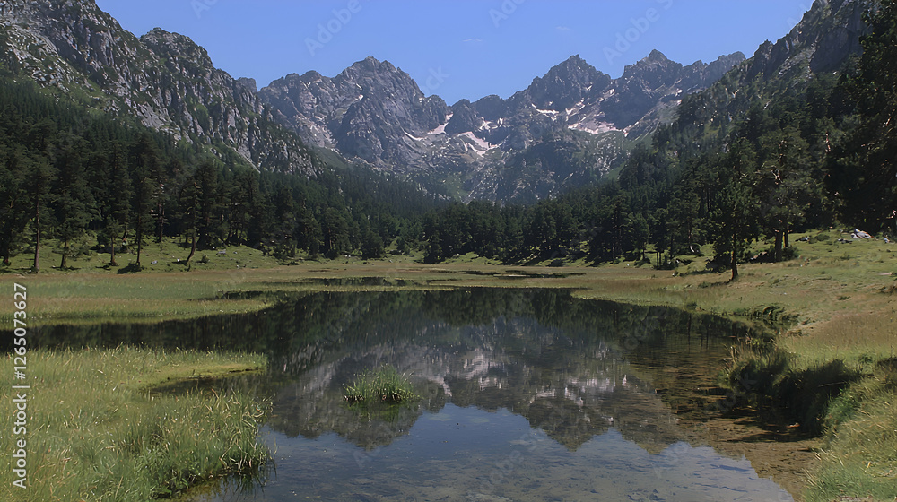 Mountain lake reflection, sunny day, alpine meadow