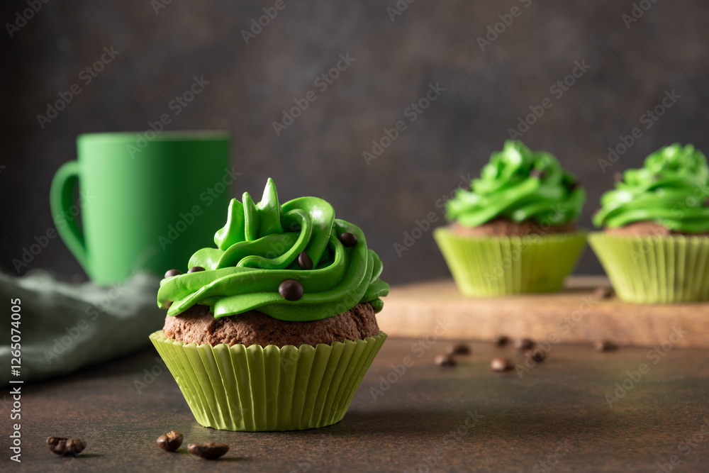 St. Patrick's Day coffee and homemade cupcakes with green whipped cream and chocolate sprinkles on brown background. Close up.