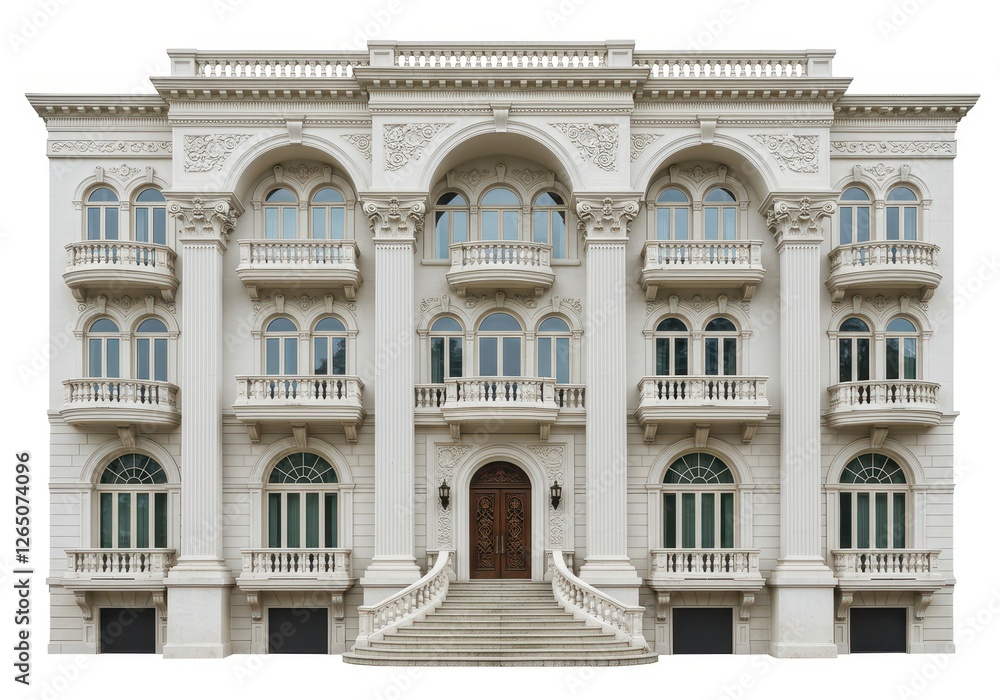 Fototapeta premium A symmetrical luxury mansion with grand arches, balconies and large windows isolated on a white background