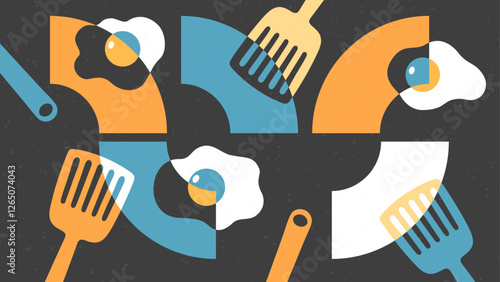 Fried egg cooking art design wallpaper Colorful abstract food art. Omelet and spatula kitchen tool cartoon illustration