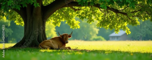 Bull resting in the shade of a large oak tree, tree, oak, wildlife