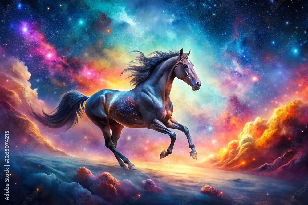 Panoramic Cosmic Horse Galloping Through Vivid Nebula - Celestial Equine Fantasy Panoramic Cosmic Horse Galloping Through Vivid Nebula - Celestial Equine Fantasy