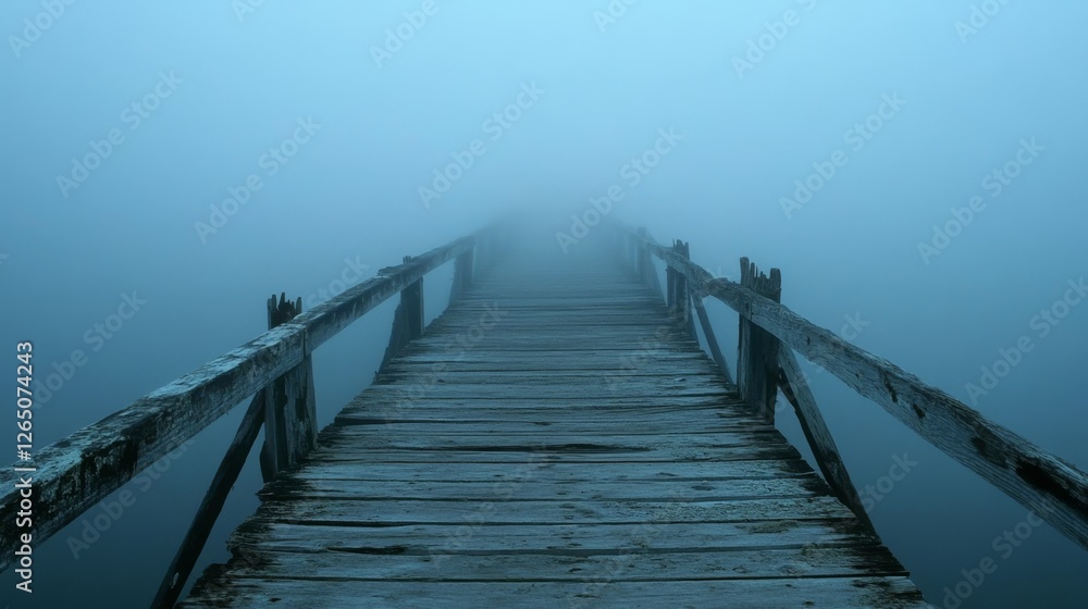 Fototapeta premium A wooden bridge stretches into the dense mist, disappearing into the unknown, evoking a sense of mystery and adventure through the fog.