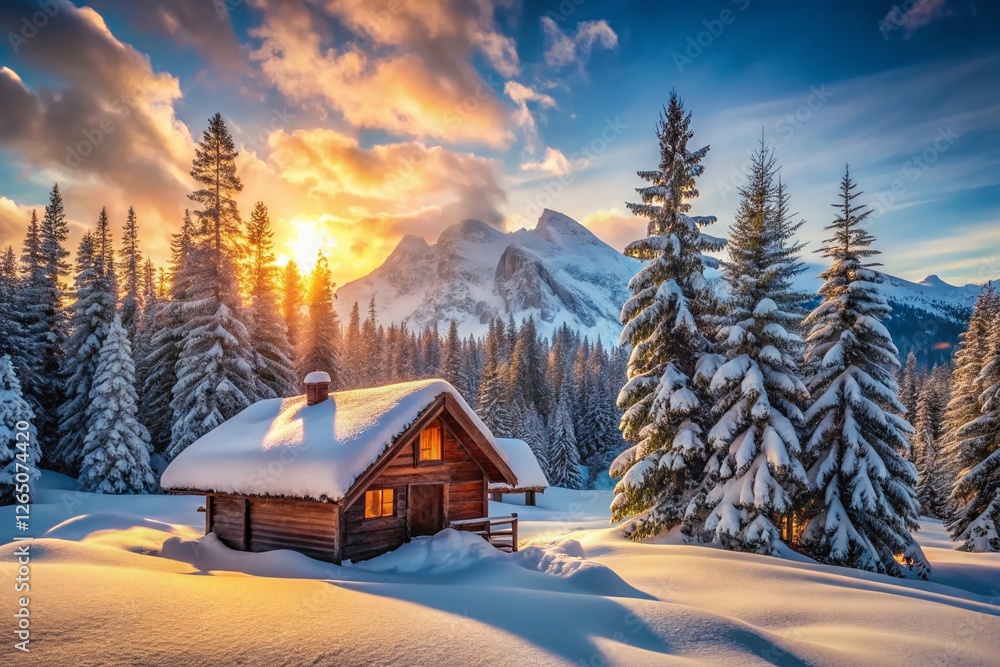 Fototapeta premium Panoramic Cozy Cabin in Snowy Mountains: Winter Wonderland Escape