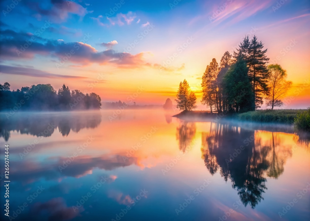 Panoramic Dawn Fog Over Serene Lake, Misty Trees, Peaceful Landscape Panoramic Dawn Fog Over Serene Lake, Misty Trees, Peaceful Landscape