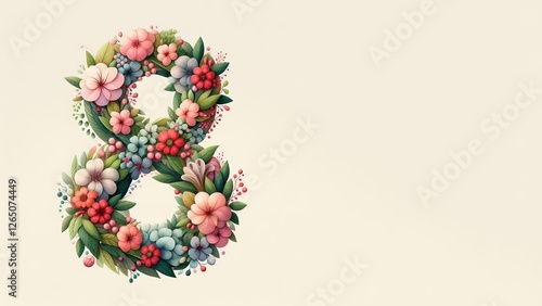 Ilustración de arte digital con un número central  '8' rodeado de una variedad de flores coloridas. Concepto dia de la mujer. 8 de marzo