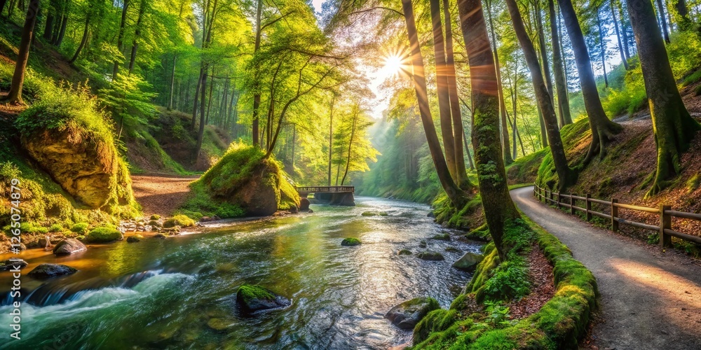 Obraz premium Panoramic Ehrbachklamm Hiking Trail: River, Forest, Germany