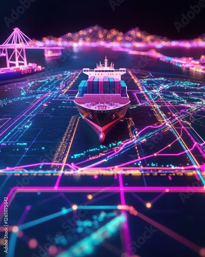 Digital Holographic Cargo Tracking System Displaying Cargo Ship and Global Shipping Routes