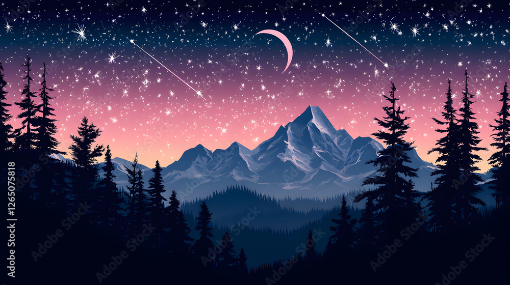 Minimalist mountain landscape at night with shooting stars, simple shapes
Minimalist mountain landscape at night with shooting stars, simple shapes