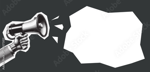 Megaphone hand in halftone style. Flat megaphone and hand for marketing advertising design.