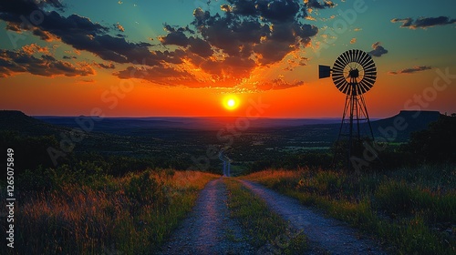 Country road sunset landscape with windmill