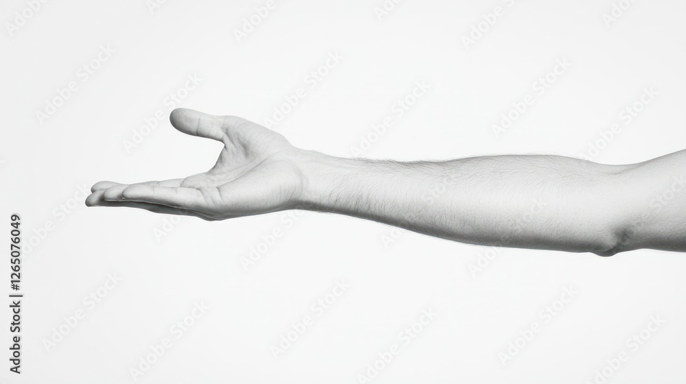 A slender arm extends outward with an open hand, set against a stark, white background. This gesture conveys a sense of invitation and readiness for connection A slender arm extends outward with an open hand, set against a stark, white background. This gesture conveys a sense of invitation and readiness for connection