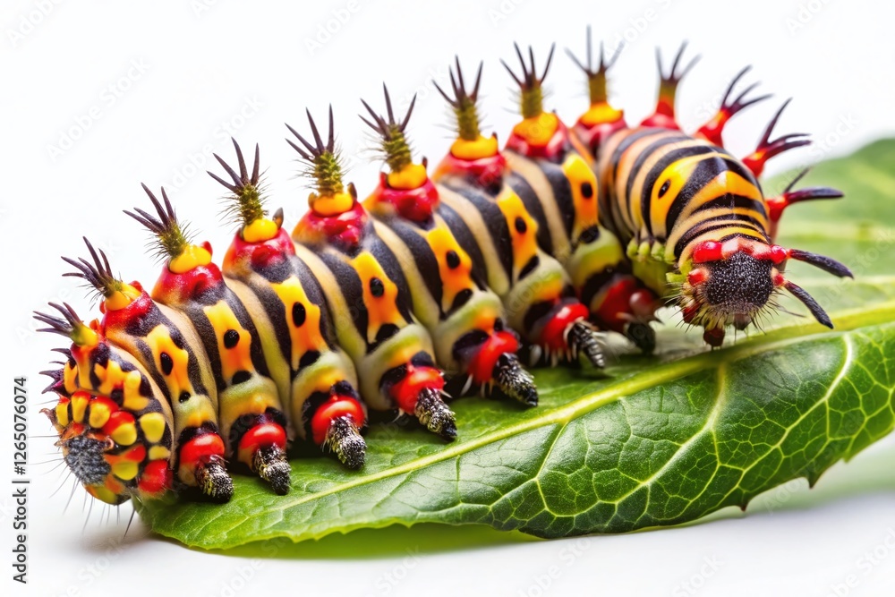 Naklejka premium Panoramic Image: Isolated Molting Atlas Butterfly Caterpillar on White Background