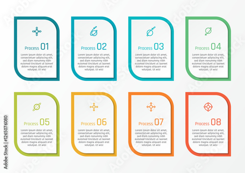 8 options business infographic template, theme of two opposite sides rounded corner rectangular, also with symbol and number