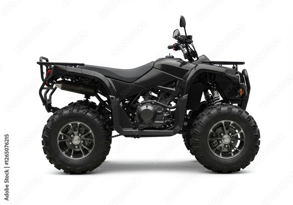 Black quad bike with large rugged tires and modern design isolated on white background Black quad bike with large rugged tires and modern design isolated on white background