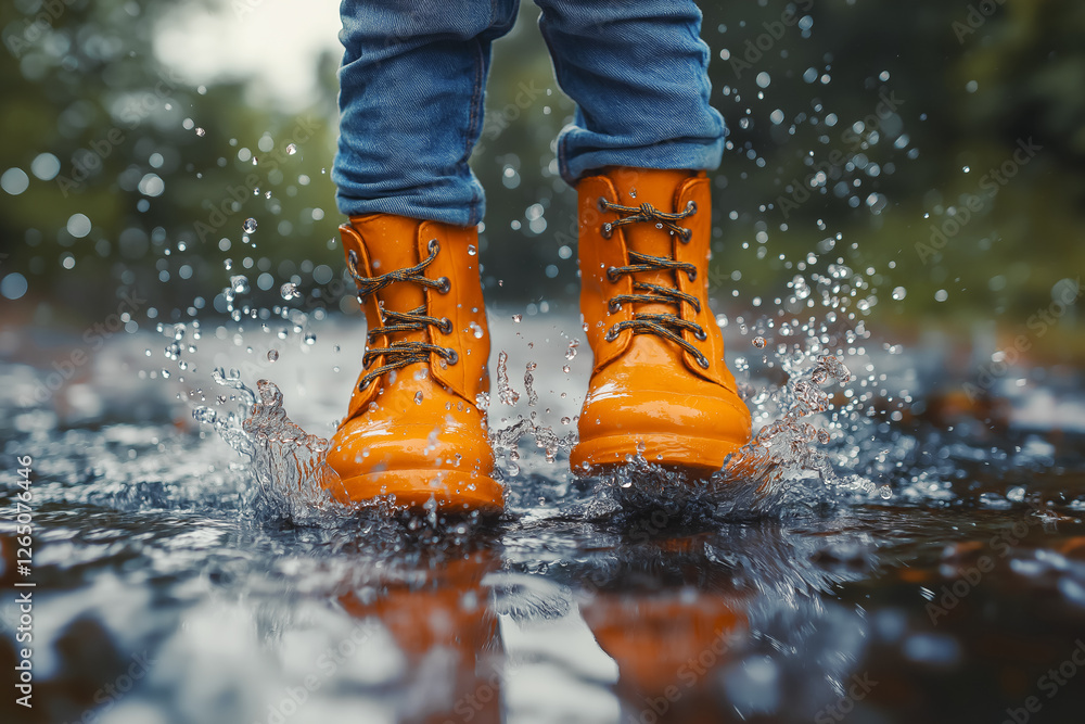 happy joyful child jumping in puddles in rubber boots on a summer day after rain. Close up happy joyful child jumping in puddles in rubber boots on a summer day after rain. Close up