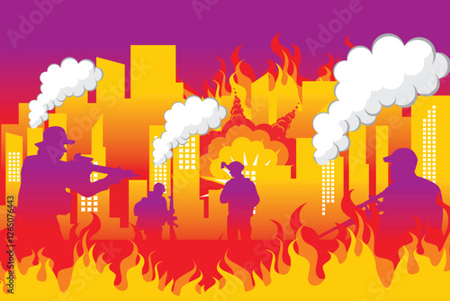 
Vector illustration of city battle. Silhouette of war with lots of explosions and burning fire. Many soldiers fought bravely