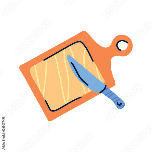 Vector Illustration of a Kitchen Cutting Board with a Knife Placed on Top, Representing Culinary Tools Used for Food Preparation and Cooking Activities