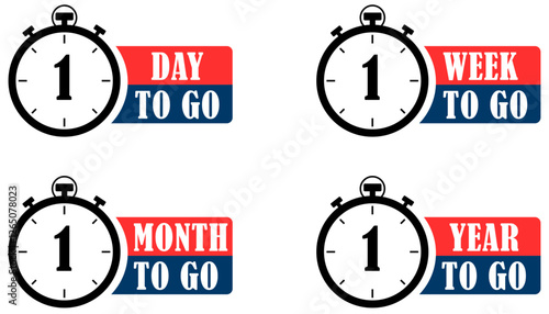 One day week month and year to go countdown clock symbol set. Digital countdown timer labels for scheduling. Stopwatch deadline reminder icons for business. Watch clock timer. Vector illustration