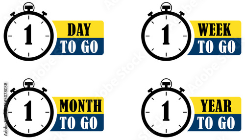 One day, week, month and year to go countdown time collection set. Final countdown timer labels for urgent tasks. Stopwatch countdown graphics for event planning. Deadline. Vector illustration 