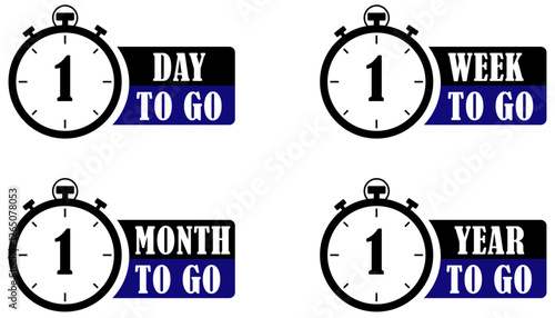 One day, week, month and year to go timer collection set. Countdown timer labels for event deadline reminder. Upcoming event countdown labels with stopwatch. Watch clock timer. Vector illustration 