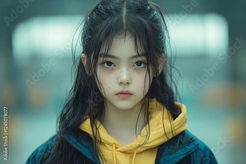 Young girl in a yellow hoodie stands confidently in an urban setting on a cloudy day photo