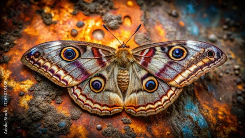 Industrial ruin becomes a vibrant backdrop for a stunning Saturnia pavonia moth macro photograph. photo