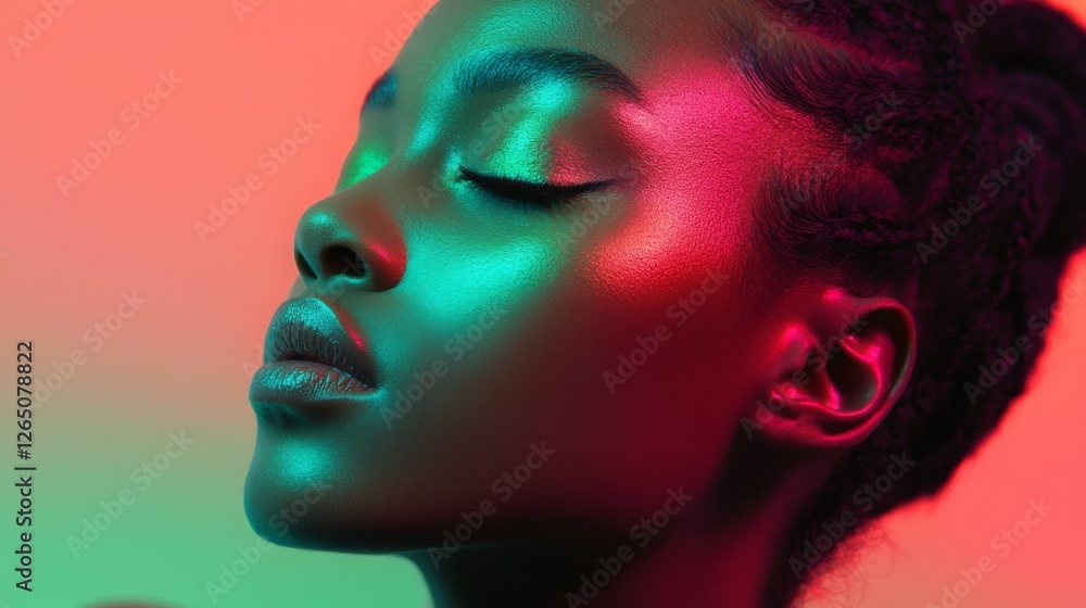 A serene portrait captures a person bathed in a blend of red and green hues, eyes closed, exuding calm and reflective tranquility. A serene portrait captures a person bathed in a blend of red and green hues, eyes closed, exuding calm and reflective tranquility.