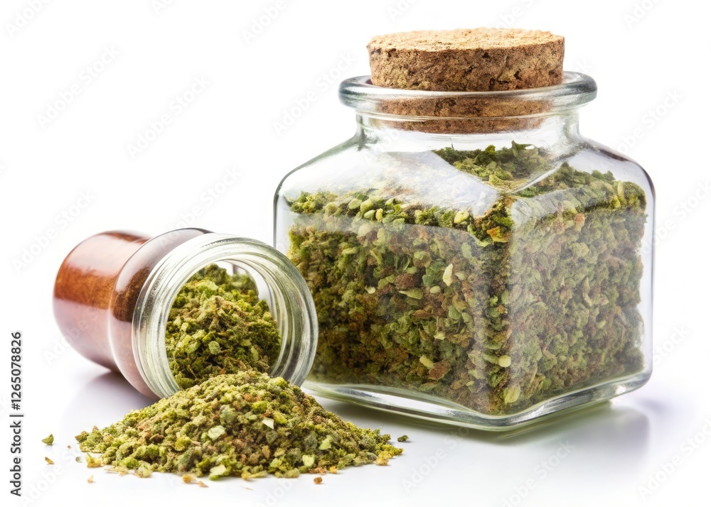 Isolated dry oregano in a spice bottle. High-resolution food photography for culinary use. Isolated dry oregano in a spice bottle. High-resolution food photography for culinary use.