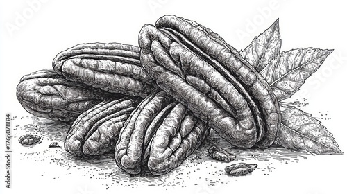 Detailed illustration of pecans with leaves, healthy food
