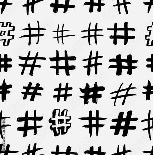 Hand Drawn Hashtag Grunge Ink Seamless Pattern. Freehand drawing hashtag pattern. Network and Communication Background. T-shirt, wrapping and textile design texture. Number sign, hash, or pound sign. photo