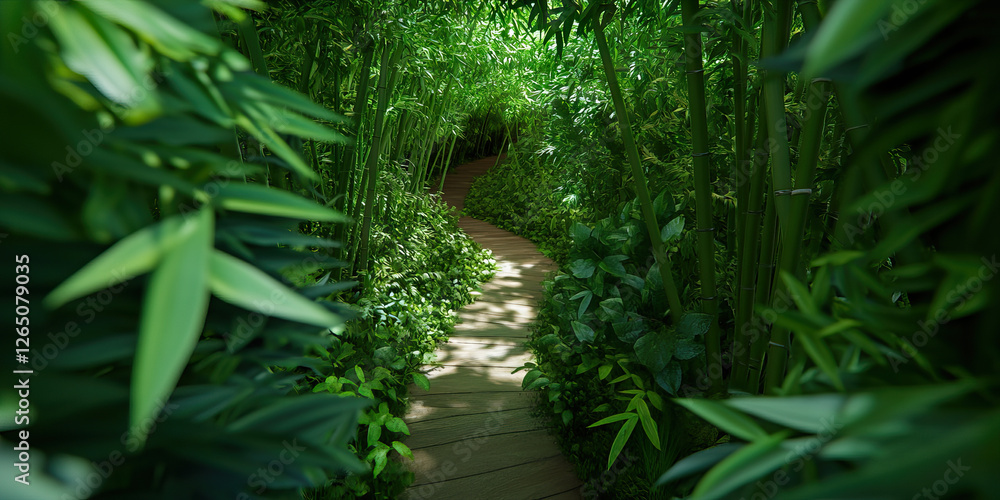 Wooden Path Through Dense Bamboo Forest Wooden Path Through Dense Bamboo Forest