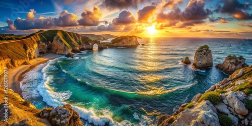 Panoramic Seascape: Dramatic Cliffside Cove at Sunset, Ocean Waves Crashing