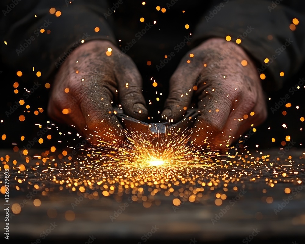 Hands sharpening metal, sparks flying, workshop background Hands sharpening metal, sparks flying, workshop background