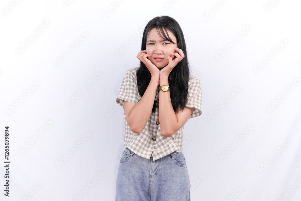 Asian Indonesian woman wearing white checkered shirt is anxious or worried Asian Indonesian woman wearing white checkered shirt is anxious or worried
