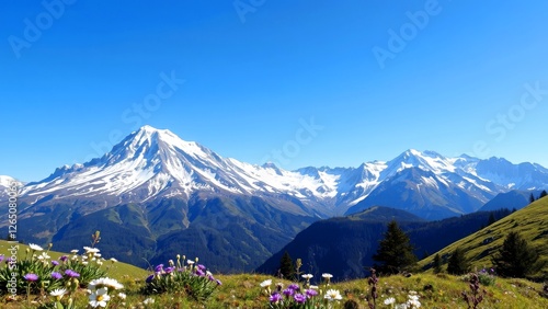 a flower meadow with snow-capped mountains in the distance