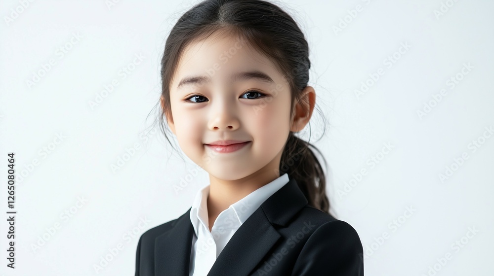 beautiful portrait of female kid model, wearing a black suit and white shirt, with soft lighting on the face and a clean, solid white isolated background beautiful portrait of female kid model, wearing a black suit and white shirt, with soft lighting on the face and a clean, solid white isolated background