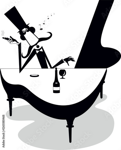 Pianist or composer sitting near a piano.
Pensive pianist in the top hat with cigar in the hand and a bottles of whisky playing a piano. Black and white illustration
